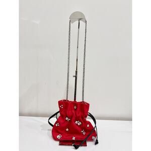 French Connection Crystal Mini Satin Drawstring Pouch Shoulder Bag Red Women's